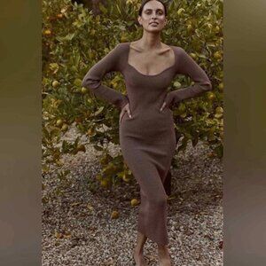 Dissh Paces Rib Knit Midi Dress Women's 6 XS Chocolate Brown Bodycon Long Sleeve